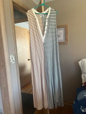 BUCKETLIST Two-Tone Striped V-Neck Maxi Jumpsuit in Brown & Black